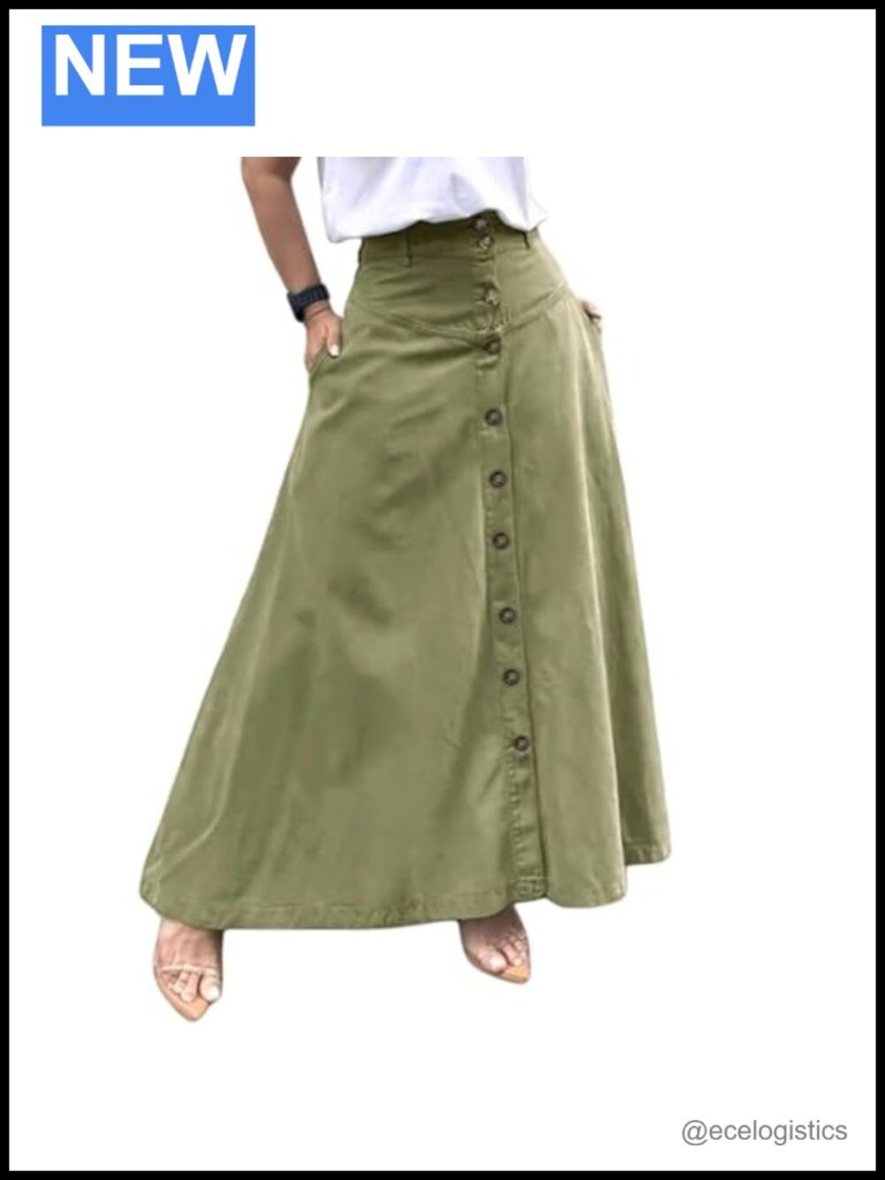 High Waist A-Line Pleated Maxi Skirt with Pockets, Button Down